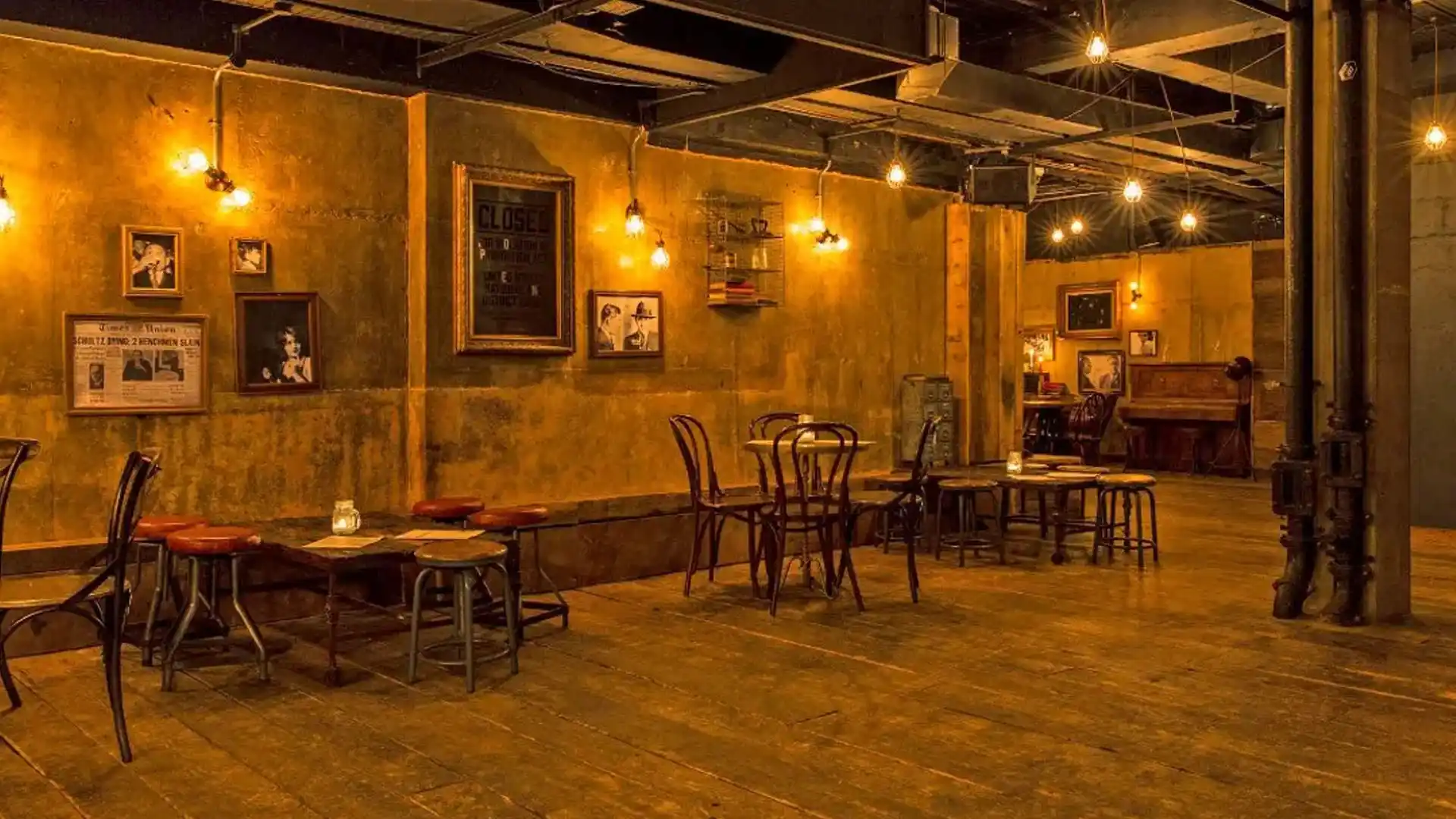 Main room image of 1920s speakeasy with old school decor